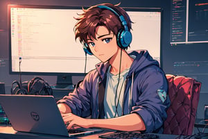 coder sitting in front of his laptop with his bi headphones on anime style,