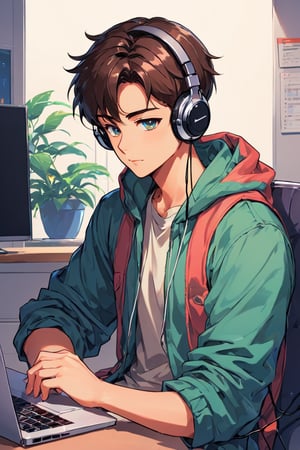 coder sitting in front of his laptop with his bi headphones on anime style,