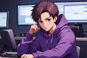  anime style , center, a man wearing a purple hoodie is sitting in front of a computer, holding a microphone in front of him. To the right of the man