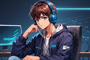 coder sitting with his bi headphones with mic on anime style, looking-at-viewer 4k hd wallpaper,