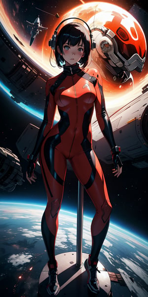 girl in a tight jumpsuit, spaceship inside, Tsutomu Nihei style, Sidonia no Kishi, gigantism, laser generator, multi-story space, futuristic style, Sci-fi, hyperdetail, laser in center, laser from the sky, energy clots, acceleration, light flash, speed, anime, drawing, 8K, HD, super-resolution, manga graphics, Drawing, First-Person, 8K, HD, Super-Resolution --q 2 --ar 1:2 1 girl, fiery red jacket, tight suit,Space helm of the 1960s,and the anime series G Force of the 1980s,Darf Punk wlop glossy skin, ultrarealistic sweet girl, space helm 60s, holographic, holographic texture, the style of wlop, space, stands on a pedestal 