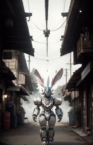 giant oversized battle rabbit robot chubby mech baby with big ears , on a village, full body , Cinematic focus, Polaroid photo, vintage , neutral dull colors, soft lights, foggy , documentary photograph by gregory crewdson ,by lagerstedt, by graafland realistic factorio, 4K HD city photography, aerial view