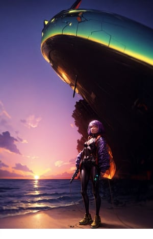 closeup, giant lilac head, girl on beach, surreal photography, golden hour, colorful clouds, impressionist painting, digital painting, artstation, simon stalenhag phased plasma rifle in the 40 watt range