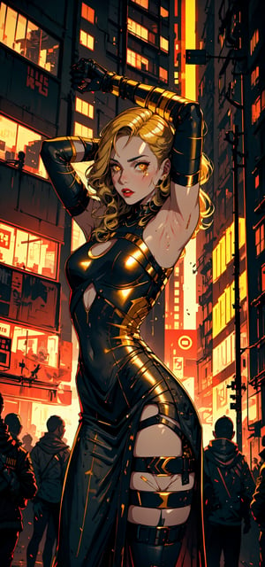 A girl with blond hair, intense golden yellow eyes, wearing Cyberpunk clothes, with her arms made of metal, against a dark background of a city at night. detailed-eyes, details-face, details-lips,LuxuriousWheelsCostume,  silver dress,tape_clothes,tape,upshirt