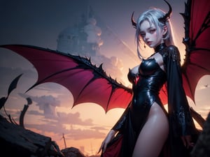 Plot, succubus girl posing in a fairy tale, white demon wings: 1.9, complex scene style, glitter, purple, realistic style, 8k, Exposure blending, medium shot, bokeh, (HDR: 1.4), high contrast, (cinematic, dark red and black film), (muted colors, dim colors, soothing tones: 1.3), low saturation, (over-detailed: 1.2), (noir: 0.4)