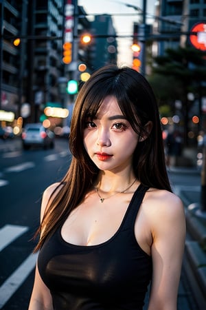 1girl, Tokyo street, night, cityscape, city lights, upper body, close-up, 8k, RAW photo, best quality, masterpiece, realistic, photo-realistic