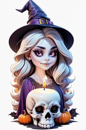 Familiar witch, Halloween skull, vintage illustration style, warm mood, candle atmosphere. Graphic for t-shirt design, vector, outline, white background, watercolor.,3d toon style