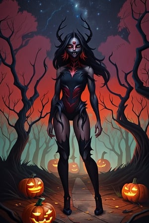 ultra detailed complex illustration of a corrupted humanoid Pumpkin, lightning red,  abstract, expressionism, oil paint, limited colors, eerie, creepy, nightmarish, bold colors, red eyes, black sclera, tree bark resembling human muscles and tendons, rotten, branches as hair, dark art by Mschiffer, ((full body)),Irelia