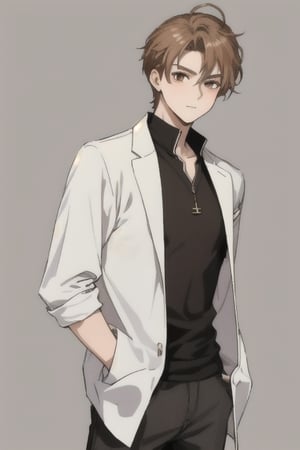 teenager 16ans years old Average height, with tousled chestnut hair and gentle brown eyes. His face has a friendly look, but he can seem a bit reserved around Jason. He has a relaxed demeanor and typically wears simple clothing.