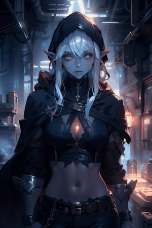 drow, female, pointy ears, solo, elf, navel, hood, colored skin, midriff, looking at viewer, long hair, cloak, dark elf, breasts, white hair, hood up, cape, medium breasts, hooded cloak, belt, pouch, red eyes, grey skin, orange eyes, upper body, weapon, glowing eyes, lips, ((masterpiece, best quality)), art by greg rutkowski, trending on artstation  