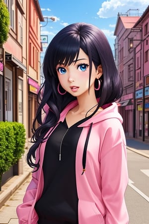 anime; cartoon; ultra realistic; pink city, young girl mixed race, named Laura Rijo, wearing pink hoodie, wavy black hair; in a anime city, ultra realistic, toca boca life world perfect, no imperfection, 4K, sad, chocked,dakini,YAMATO