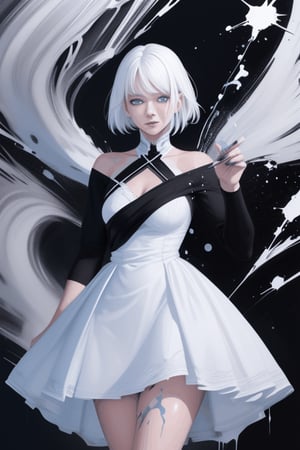 a woman with white hair and blue eyes is in a white dress with a black background and a splash of paint,