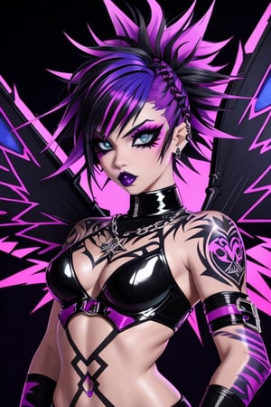 32k, extreme detail, hyper shiny, wild colors, beautiful fierce emo goth punk pixie girl with adorably dangerous radiant eyes, glowing translucent punk wings, wild hair, extreme emo makeup bodypaint, urban night setting,IncrsXLRanni,DonMn1ghtm4reXL