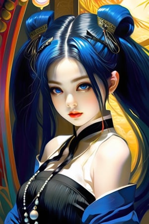 a cute korean large-eyed girl, slender and small face, very glossy and gleam skin, looking at viewer, dark moody quality, Fantasy art, digital art, delicate lines and textures, realistic and rich art, art of imaginative motifs, thighhighs, twintails, gloves, hair bobbles, skirt, hair ornament, long hair, blue hair, blue eyes, open mouth, black hair, japanese clothes, squatting, magical creatures, fantastic landscapes, surrealism, cinematic, rough shadows, vivid colors, Rich colors, light and shadow, three-dimensional lighting, combination of various colors and shades, a lively and deep art, volume lighting, back lighting hair, Film light, dynamic lighting, good anatomy, same makeup for both eyes, eyes are bilateral symmetry, Perfect body proportions, intricate details, highly details