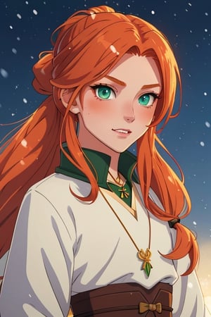 Long ginger hair, tanned man in female medieval outfit, green eyes, fang necklace, hair tied in a ponytail, soft lighting, night scene, anime style. 1boy, solo. girly, androgynous, adult. ambiguous face. winter clothe. snow.