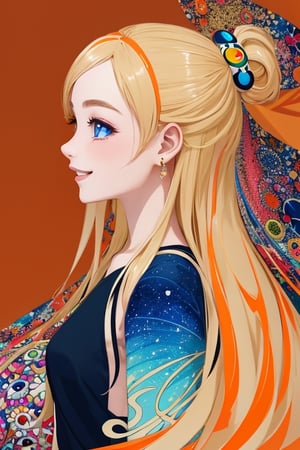 profile portrait of 21 years old Swedish blond with a cute smile and long sleek blond hair, in canvas print, collage-based, line work, fashion illustration, orange and amber pastel color palette, glitter, in the style of Takashi Murakami,Persona Cut In,honoka