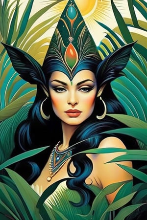 (Portrait of an overgrown elven bayou voodoo priestess), (style of Robert Farkas, Hariton Pushwagner, AARON HORKEY, Alberto Vargas, Marina Fedorova)