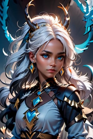 A woman. Ranger. Two large horns on her head. Light blue eyes. White hair. Dark black skin. looks dangerous. Wears gold jewelry,ColorART