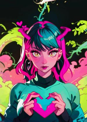 1girl, black background, black lips, black sweater, blue hair, dragon horns, earrings, eyelashes, eyeshadow, green hair, heart, heart earrings, horns, jewelry, large breasts, lipstick, long hair, long sleeves, looking at viewer, makeup, own hands together, pink hair, simple background, slit pupils, solo, sweater, swept bangs, turtleneck, upper body, yellow eyes