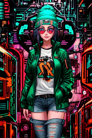 Cute female cyberpunk hacker with blue colored glasses, in a jacket with a Beanie long grey hair half teeshirt ripped jeanscyberpunk 2077 poster art