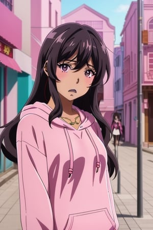 anime; cartoon; ultra realistic; pink city, young girl mixed race, named Laura Rijo, wearing pink hoodie, wavy black hair; in a anime city, ultra realistic, toca boca life world perfect, no imperfection, 4K, sad, chocked,dakini