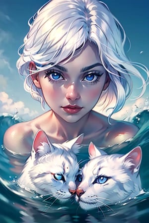 A girl with white hair,  a white cat, cat has blue eyes,  girl has blue eyes, girl kissing cat , under water, close up,very pale tone, soft lines, tranquility, dreamy, mystic 
