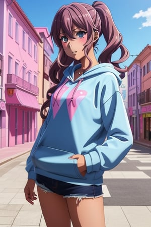 anime; cartoon; ultra realistic; pink city, young girl mixed race, named Laura Rijo, wearing pink hoodie, wavy black hair; in a anime city, ultra realistic, toca boca life world perfect, no imperfection, 4K, sad, chocked,dakini