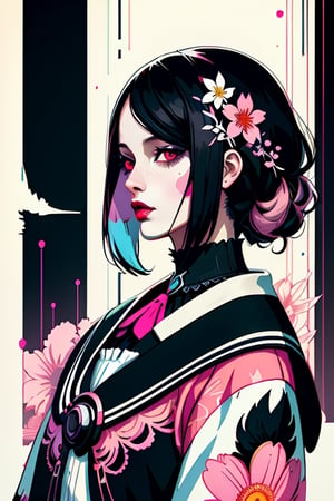 woman with a crow on her shoulder, black and white stripes, pastel pink flowers, dark red lips, digital painting by Atelier Olschinsky and Esao Andrews, in the style of Tim Walker