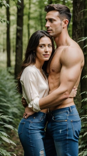 (photorealistic), cinimatic film still. beautiful lighting, best quality, realistic, full length portrait, real image, intricate details, depth of field, handsome American model embracing beautiful girl, in a lush overgrown forest, man (healthy body, 20 yo, cowboy with haircut, extremely handsome, wearing ripped denim jeans, Shirtless, topless, cowboy boots, highly detailed, facial features, yellow eyes, tall) woman (30 yo, nice body, brown eyes, brunette, silk white blouse, blue tube skirt) anatomically correct, Fujifilm XT3, outdoors, open field, overcast, beautiful lighting, RAW photo, 8k uhd, film grain, ((bokeh)),6000,male,Movie Still,photo r3al,Film Still,Cinematic,Cinematic Shot,couple focus,Germany Male, beautiful 