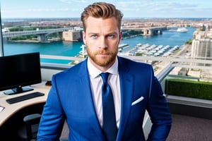 handsome man, stern, vibrant blue eyes, hyperdetailed photography, soft light, standing position, suit, luxurious office, amazing skyrocket views 