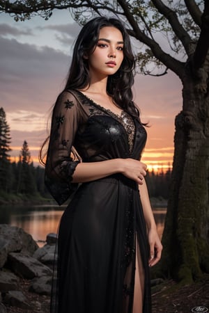 Realistic, Beautiful woman and a magnificent wolf. Woman black hair, long hair, stunning beauty, detailed face
porphyry hands, beautiful face, standing position, broken, wolf amazing eyes, powerful, sunset, detailed photo, beautiful trees, night time, lifelike lights. DSRL