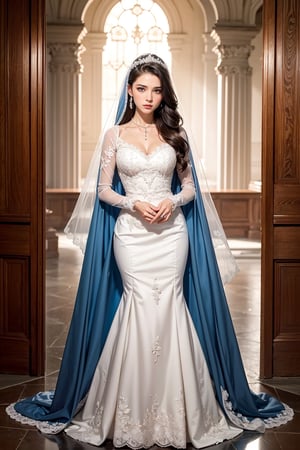 1Girl, brunette model, 23 yo, greyish blue eyes, sad eyes, long hair, beautiful face, nice body, wearing a ball gown wedding dress style, lace, long sleeves, high neckline, pearls, intrincated design, detailed, embroidery, flowers and juilet veil, standing position, face focus, face detailed, portrait, art station dress, 4k, European architecture background, full body, sad expression, masterpiece by Greg rutkowski, realistic, detailed, professional camera shot