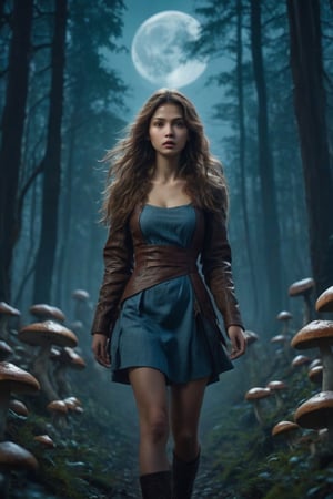 Intricate detailed image of a beautiful woman in the middle of a dark forest, her face is amazing and hyperdetailed, brown eyes, flowy brown hair, she's afraid, escaping from a monstrous wolf, standing deciding which path to take, night, illuminated by the bright moon, mushrooms,  perfect anatomy, ,cyberpunk style,  cinematic results, colorful,  8kUHD,  golden hour, the shoot is a movie, the audience relate to the wolfs theme and the hurry of the poor woman.