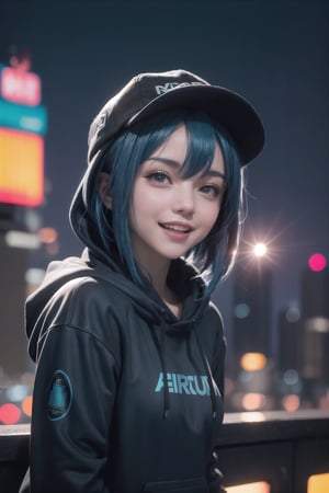 1girl, aqua inner hair, dark hair, blue hair, medium bob hair, dark gray hoodie, city lights, sunset, buildings, cityscape, depth of field, lens flare, cyberpunk, hacker, hat, smile, open mouth, close-up,