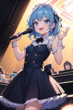 (masterpiece), best quality, high resolution, highly detailed, detailed background, perfect lighting, 1girl, singing, medium hair, hair accessories, blue hair, multicolor hair, starry eyes, idol, long skirts, small breasts, concert stage, concert hall, backlighting, bright smile, bloom, bokeh, lensflare, light particles,