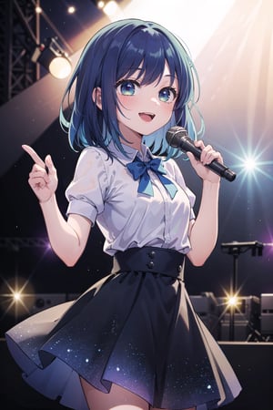 (masterpiece), best quality, high resolution, highly detailed, detailed background, perfect lighting, 1girl, singing, medium hair, hair accessories, blue hair, multicolor hair, starry eyes, idol, long skirts, small breasts, concert stage, concert hall, backlighting, bright smile, bloom, bokeh, lensflare, light particles,hmakane