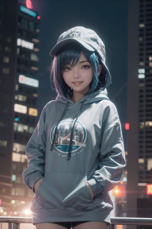 1girl, aqua inner hair, dark hair, blue hair, (medium bob hair) , dark gray hoodie, city lights, sunset, buildings, cityscape, depth of field, lens flare, cyberpunk, hacker, hat, smile, open mouth, dynamic pose, asian, kawaii, cute, realistic, tilt shift, medium shot, visually stunning, 