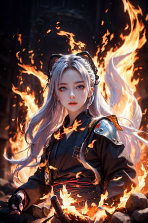 a Japanese ninja girl, long white fire hair, high quality, high resolution, high precision, realism, color correction, proper lighting settings, harmonious composition