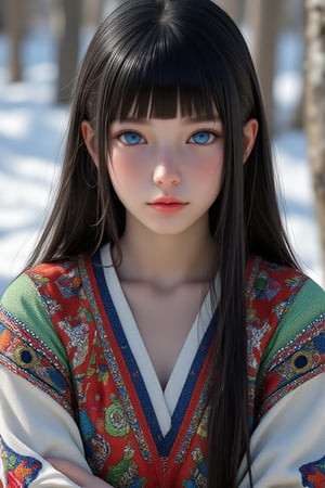 Super detailed, super realistic, anatomically correct,beautiful Nordic girl with long hair and blunt bangs,
 Wearing ancient national costume, long straight black hair, Yakut national costume, (beautiful blue eyes), almond eyes, intricate textiles decorated with colorful and intricate geometric patterns, arms decorated with decorative embroidery.
Beautiful crystal blue eyes, almond eyes, complex fabric decorated with colorful and intricate geometric patterns, white, red and green and other earth tones clothes,, aw0k euphoric style,, perfect imitation of TaisaSDXL, dal, ct-identityV2, dynamic pose action cute, 32k, hyper detailed 