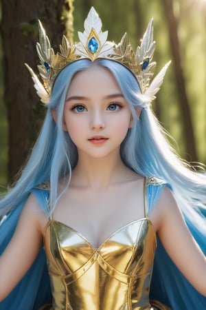 Close-up, masterpiece, there is a super beautiful 16-year-old half Kazakhstan, Kyrgyzstan, Uzbekistan ,Turkey, Uyghurs 1woman,goddess, bright blue eyes,skin smooth ,perfect cute, supermodel girl. She has the ability to summon the Elf King. She recites a spell, (a man who is more handsome than a human man, with gold shining all over his body) and he floats in the air. , the whole atmosphere was very mysterious and fantasy, full of surprises, with all kinds of mythical beasts in the forest surrounding it. The Elf King gave the girl a very beautiful and powerful staff. The girl knelt down on one foot with joy and accepted it with both hands. . At that time, the scene, flowers, trees, grass, mythical beasts, everything was cheering for this, beautiful masterpiece, official art, strong contrast of light and shadow.