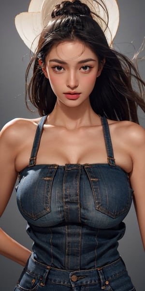 pretty 1girl, long straight black hair, wearing denim cover all fashion, super high quality, real images, lifelike, real skin, soft lighting, Cinematic, (Surrealism: 1.2), (8K UHD: 1.2), (Photorealism: 1.2), Shot with medium format camera, Professional camera, Perfectly Delicate and Rich in Detail, (masterpiece, top quality, best quality, official art, beautiful and aesthetic:1.2), (((1girl))), dynamic pose, extreme detailed,Big bearsts