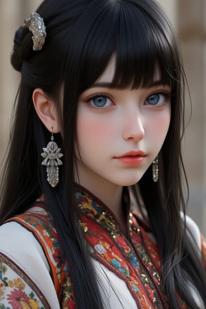 Super detailed, super realistic, anatomically correct,beautiful Nordic girl with long hair and blunt bangs,
 Wearing ancient national costume, long straight black hair, Yakut national costume, (beautiful blue eyes), almond eyes, intricate textiles decorated with colorful and intricate geometric patterns, arms decorated with decorative embroidery.
Beautiful crystal blue eyes, almond eyes, complex fabric decorated with colorful and intricate geometric patterns, white, red and green and other earth tones clothes,, aw0k euphoric style,, perfect imitation of TaisaSDXL, dal, ct-identityV2, dynamic pose action cute, 32k, hyper detailed 