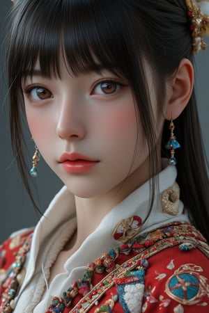 Super detailed, super realistic, anatomically correct,beautiful Nordic girl with long hair and blunt bangs,
 Wearing ancient national costume, long straight black hair, Yakut national costume, (beautiful blue eyes), almond eyes, intricate textiles decorated with colorful and intricate geometric patterns, arms decorated with decorative embroidery.
Beautiful crystal blue eyes, almond eyes, complex fabric decorated with colorful and intricate geometric patterns, white, red and green and other earth tones clothes,, aw0k euphoric style,, perfect imitation of TaisaSDXL, dal, ct-identityV2, dynamic pose action cute, 32k, hyper detailed 