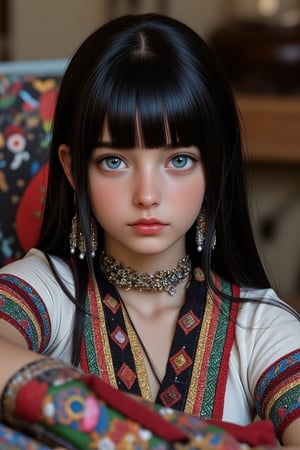 Super detailed, super realistic, anatomically correct,beautiful Nordic girl with long hair and blunt bangs,
 Wearing ancient national costume, long straight black hair, Yakut national costume, (beautiful blue eyes), almond eyes, intricate textiles decorated with colorful and intricate geometric patterns, arms decorated with decorative embroidery.ancient tribal living room bg
Beautiful crystal blue eyes, almond eyes, complex fabric decorated with colorful and intricate geometric patterns, white, red and green and other earth tones clothes,, aw0k euphoric style,, perfect imitation of TaisaSDXL, dal, ct-identityV2, dynamic pose action cute, 32k, hyper detailed ,