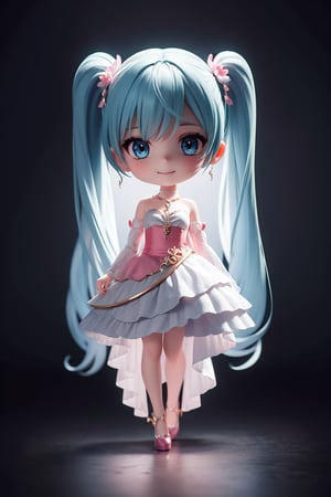 ((1 female)), Hatsune Miku, petite girl, full body, chibi, 3D figure little girl, pink pastel hair, twintails, beautiful girl with attention to detail, beautiful delicate eyes, detailed face, beautiful eyes,embroidery, accessories, necklace, earrings, reflection, evil grin,   red dress, frills, detached sleeves, frilled choker, , jewelrydetail, dynamic beautiful pose, dynamic pose, gothic architecture, natural light, ((real)) Quality: 1.2 )), Dynamic Distance Shot, Cinematic Lighting, Perfect Composition, Super Detail, Official Art, Masterpiece, (Best) Quality: 1.3), Reflections, High Resolution CG Unity 8K Wallpaper , Detailed Background, Masterpiece, ( Photorealistic): 1.2), random angle, side angle, chibi, whole body, mikdef,wrenchfaeflare, Royal palace bg