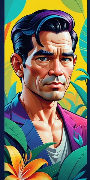 concept poster a Thailand 30 years man, a half body portrait at amazon lily . digital artwork by tom whalen, bold lines, vibrant, saturated colors, detailed fac,Vibrant colors palettes,wong-iyas