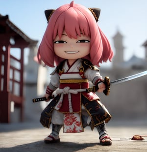 Masterpiece, Dramatic fighting, dynamic pose action,Top Quality, High Resolution, PVC, Rendering, Chibi, High Resolution, One Girl, Anya Forger, Pink Hair, Bob Hair, Japanese Warring States Period Samurai, Wearing Traditional Samurai Armor, Holding a Sword Poised, Gray Eyes, Smile, Selfish Target, Chibi, Mediterranean Cityscape, Smile, Smile, Self-righteousness, Full Body, Chibi, 3D Figure, Toy, Doll, Character Print, Front View, Natural Light, ((Real)) 1.2)), dynamic pose, medium movement, perfect cinematic perfect lighting, perfect composition, anya_forger_spyxfamily, samurai
