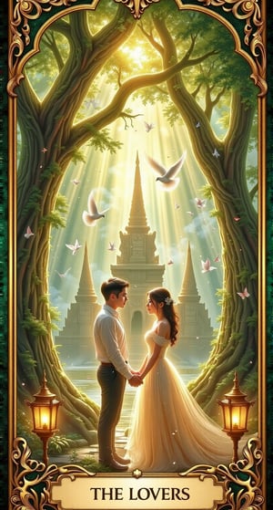 Perfect tarot card, perfect gold frame,text"THE LOVERS",Close up shot,Set in the romantic ambiance of Chiang Mai, a couple stands under the sacred twin trees at the tranquil Wat Umong forest temple. Their hands are gently intertwined, symbolizing unity and choice, while soft sunlight filters through the ancient trees, casting ethereal rays. In the distance, a pair of white doves fly above the temple’s stone pagodas, representing harmony and divine connection. Traditional Lanna-style lanterns glow softly, illuminating the surrounding greenery and ancient murals. The scene blends elements of love, commitment, and spiritual alignment, drawing on the peaceful, sacred atmosphere of northern Thailand's cultural and natural beauty,64k, hyper detailed, dynamic pose romantic