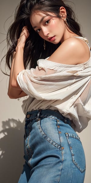pretty 1girl, long straight black hair, wearing denim cover all fashion, super high quality, real images, lifelike, real skin, soft lighting, Cinematic, (Surrealism: 1.2), (8K UHD: 1.2), (Photorealism: 1.2), Shot with medium format camera, Professional camera, Perfectly Delicate and Rich in Detail, (masterpiece, top quality, best quality, official art, beautiful and aesthetic:1.2), (((1girl))), dynamic pose, extreme detailed,Big bearsts