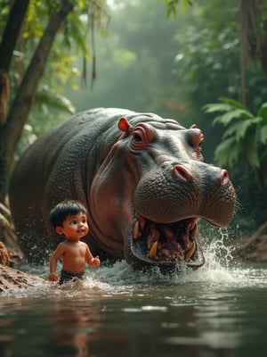 Realistic Hippo stalking a cute SD boy, realistic jungle as the background.